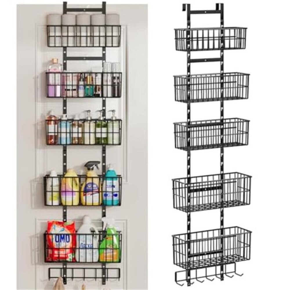 Over Door Organizer Adjustable Hanging Storage Shelf with Baskets Hooks Black